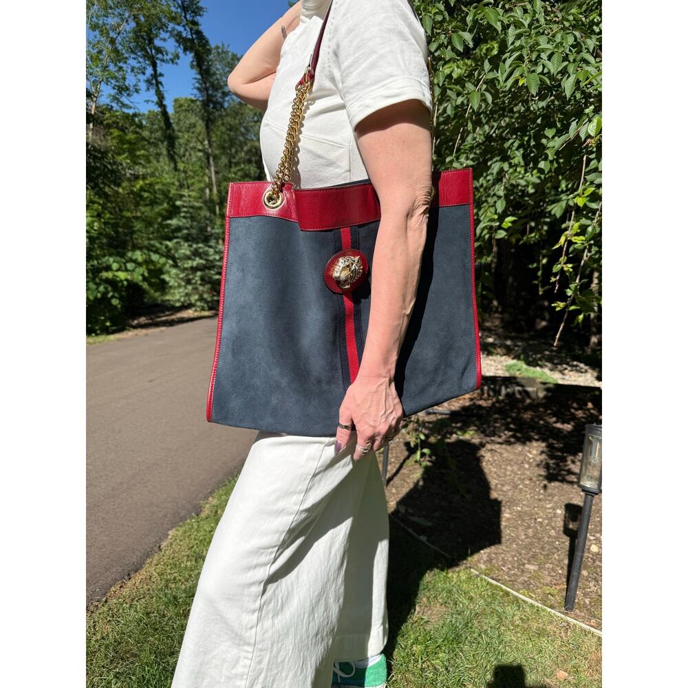 Gucci Rajah Tote in Blue Suede & Red Leather with Detachable Pouch